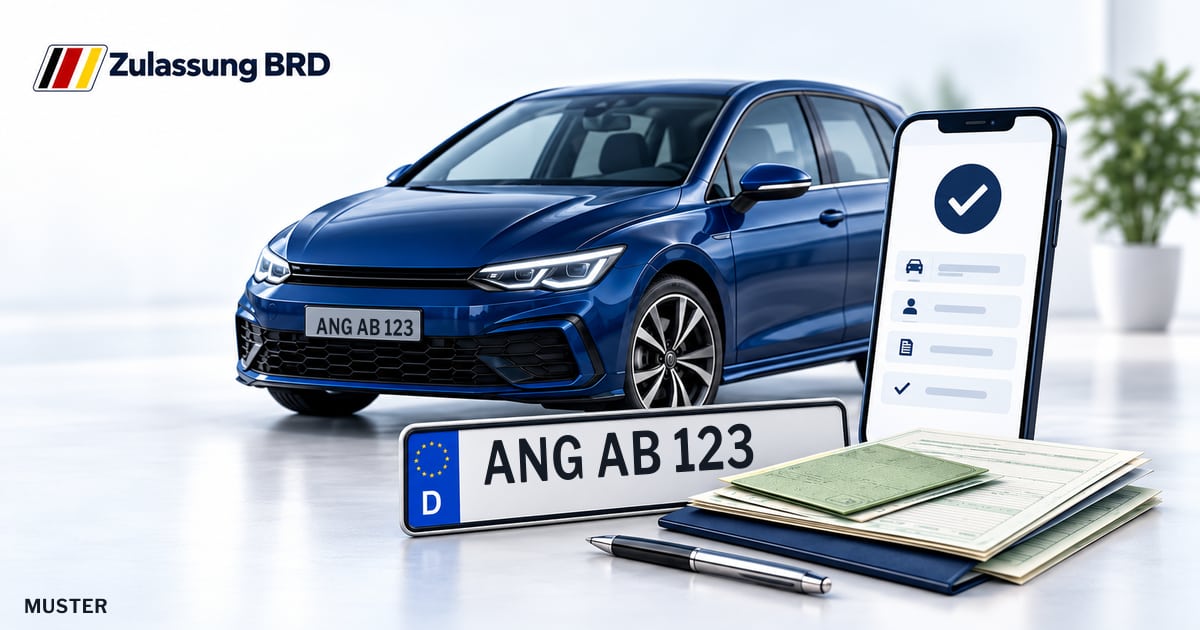 Online Fahrzeugzulassung in Angermünde: Musterkennzeichen ANG AB 123, Auto und Fahrzeugpapiere und Smartphone. Illustration mit Logo von Zulassung BRD.
